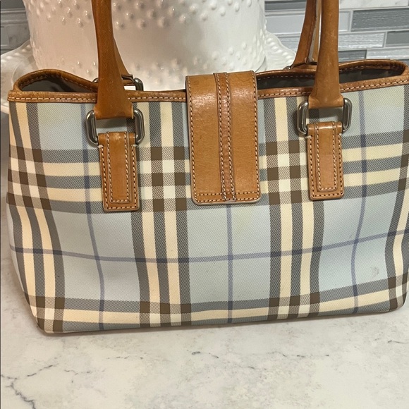 Burberry Cream and Tan Check Satchel with Leather Trim and Silver Hardware - Picture 8 of 14